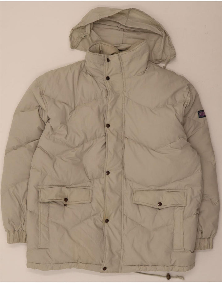 Jaqueta acolchoada com capuz masculina vintage UK 42 XL poliéster bege