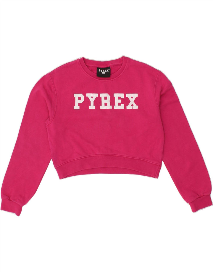 PYREX Girls Crop Graphic Sweatshirt Jumper 12-13 Years XL Pink Cotton Vintage Pyrex and Second-Hand Pyrex from Messina Hembry 