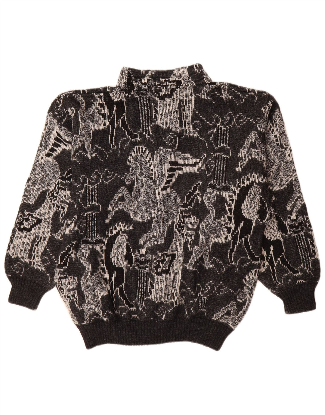 Suéter cardigã feminino vintage Reino Unido 18 XL lã geométrica preta