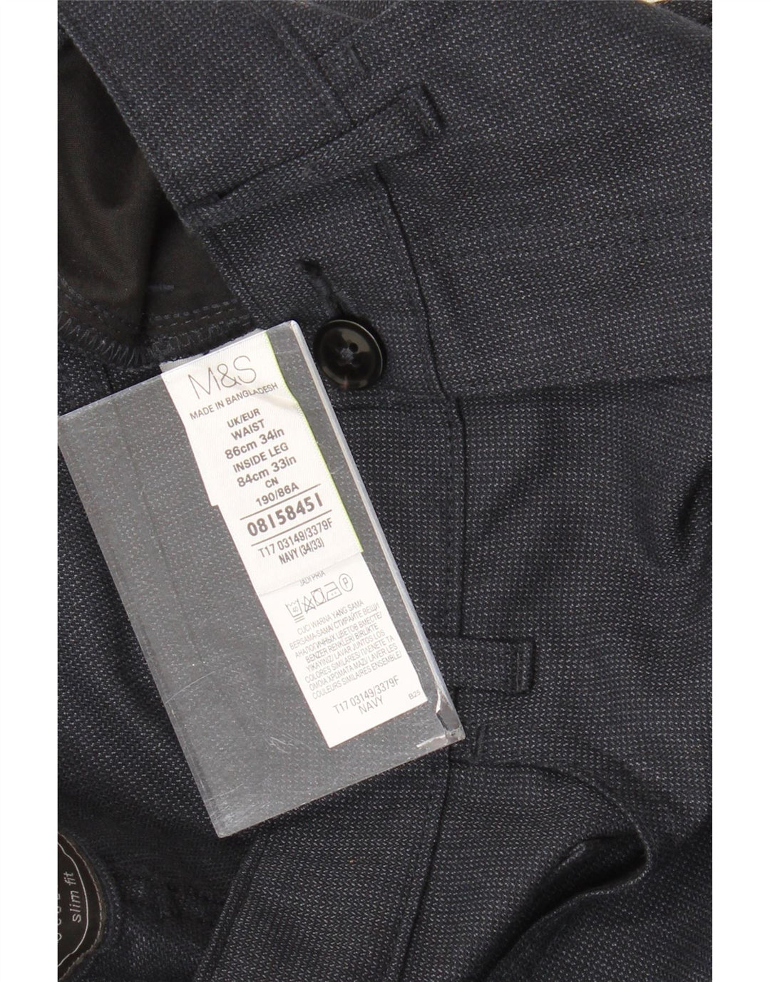 Calça masculina de terno reto Marks & Spencer W34 L33 azul marinho poliéster