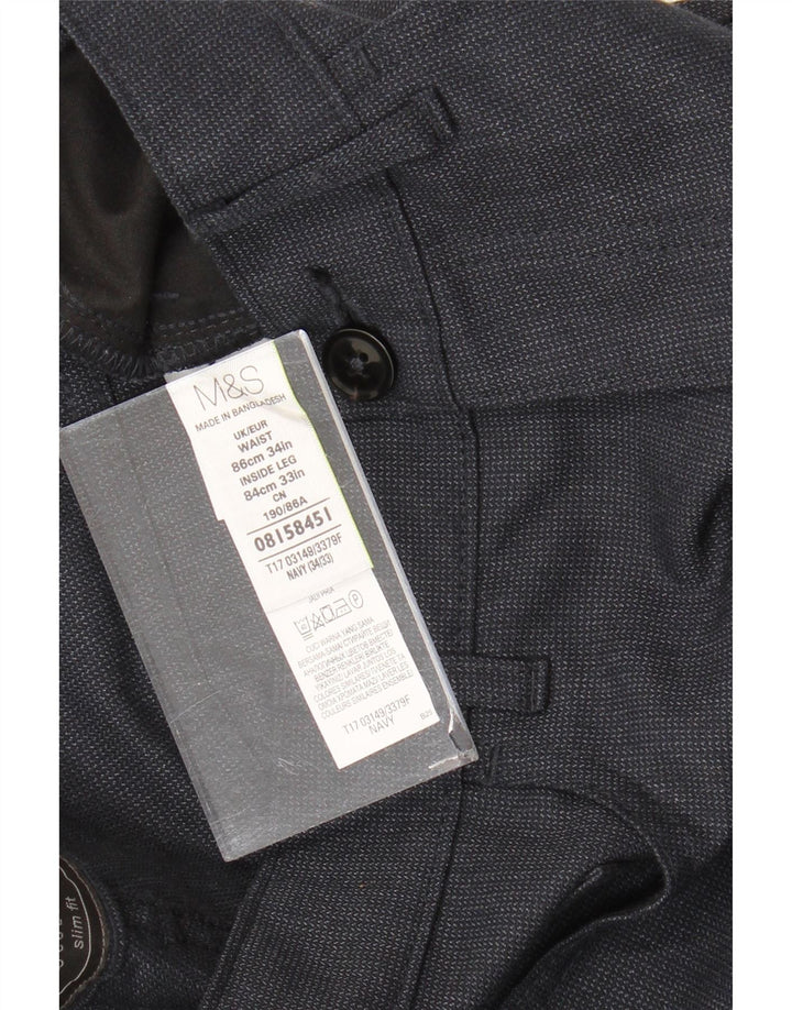 Calça masculina de terno reto Marks & Spencer W34 L33 azul marinho poliéster