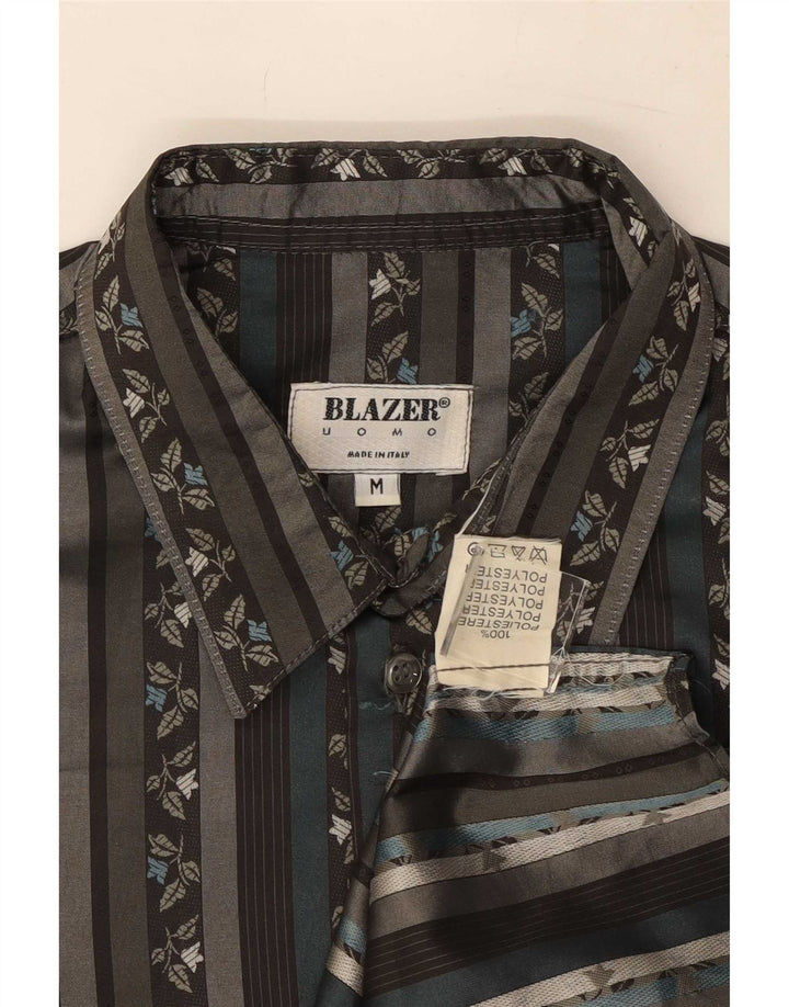 Camisa masculina vintage de manga curta poliéster listrado preto médio