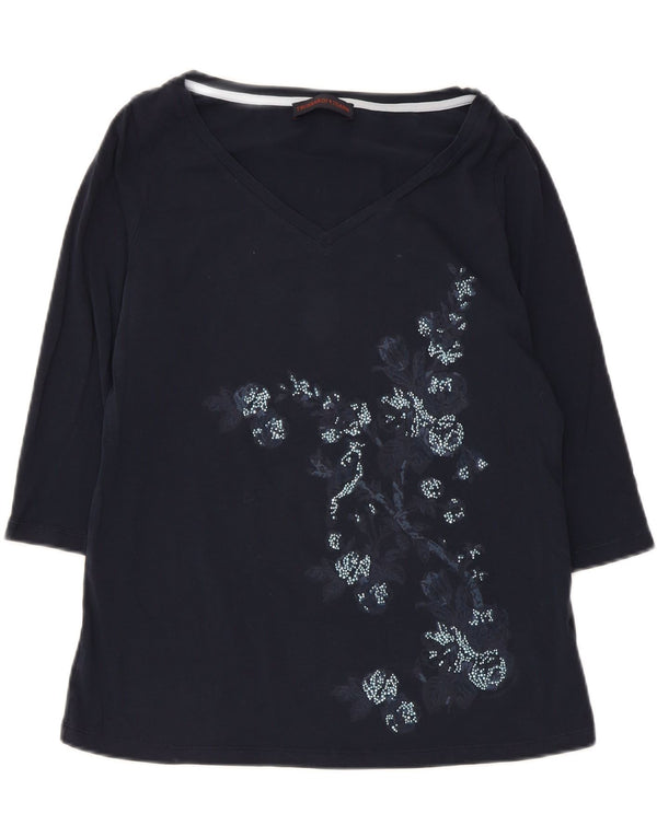 Trussardi Jeans Womens Graphic Top 3/4 Sleeve UK 18 XL Navy Blue Floral