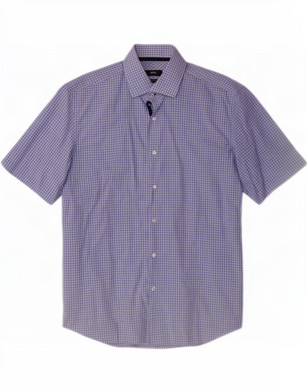 Camisa masculina Hugo Boss manga curta regular fit grande xadrez azul