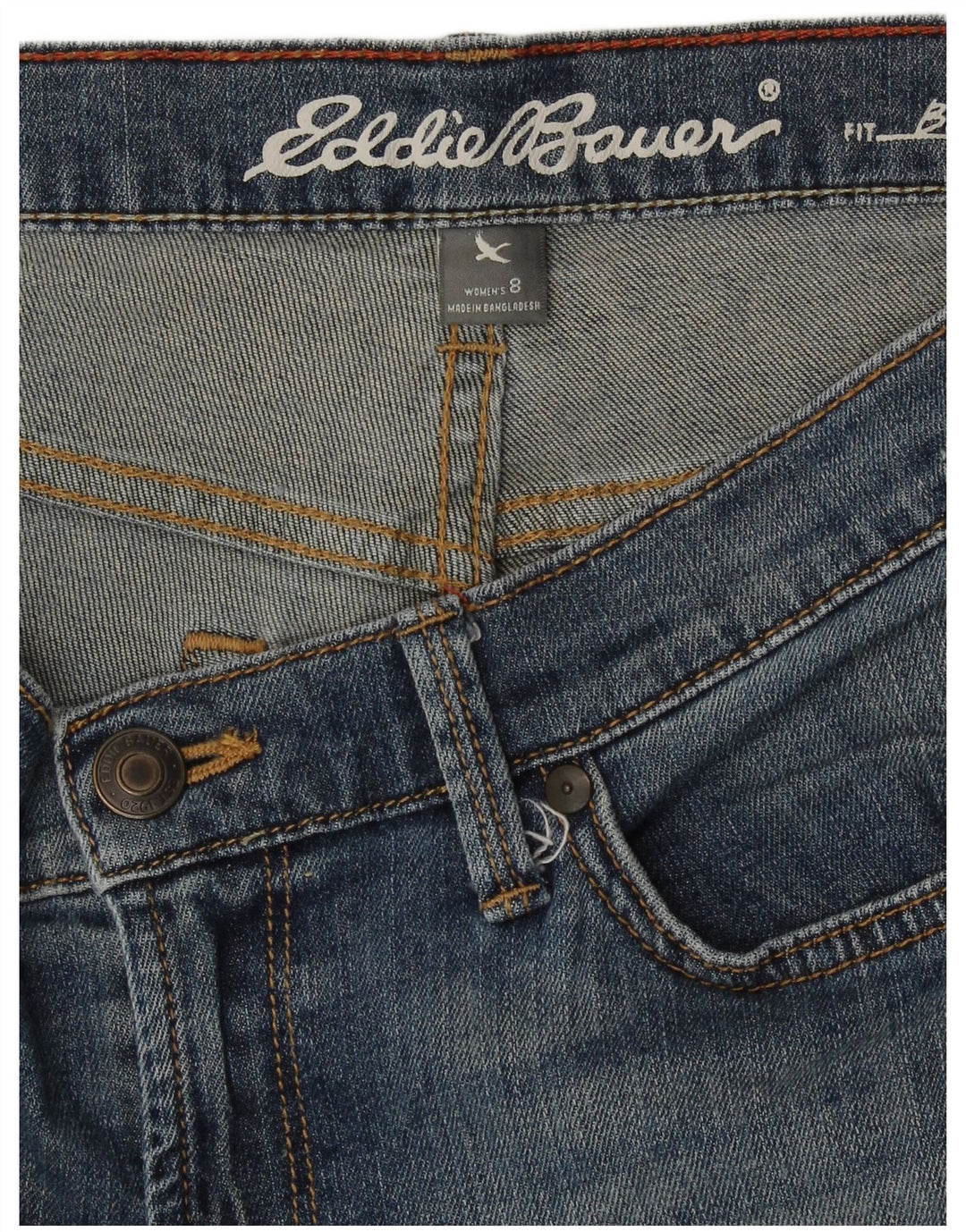 Shorts jeans feminino Eddie Bauer Boyfriend EUA 8 médio W32 algodão azul