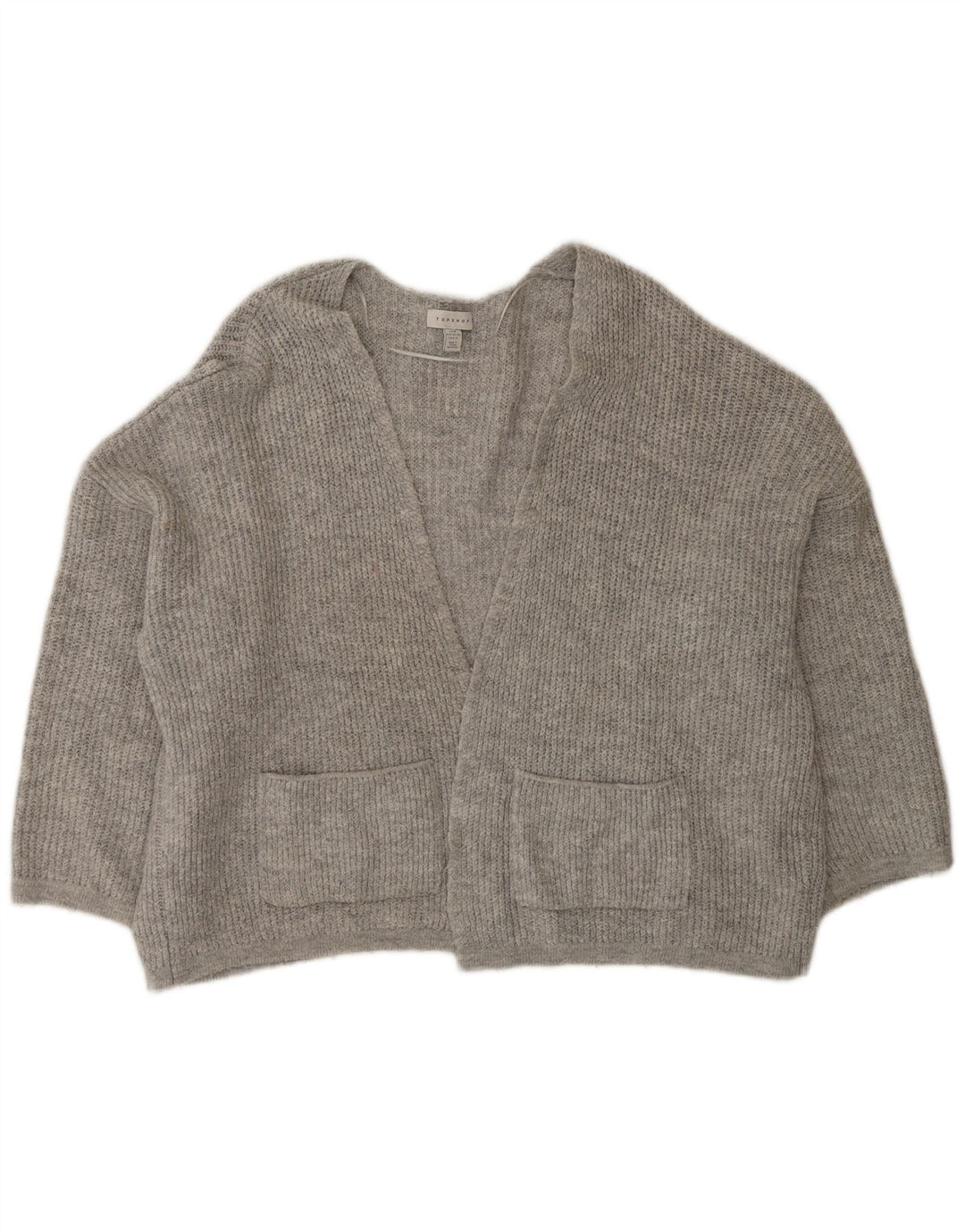 Suéter cardigã aberto grande Topshop feminino Reino Unido 14 acrílico cinza médio