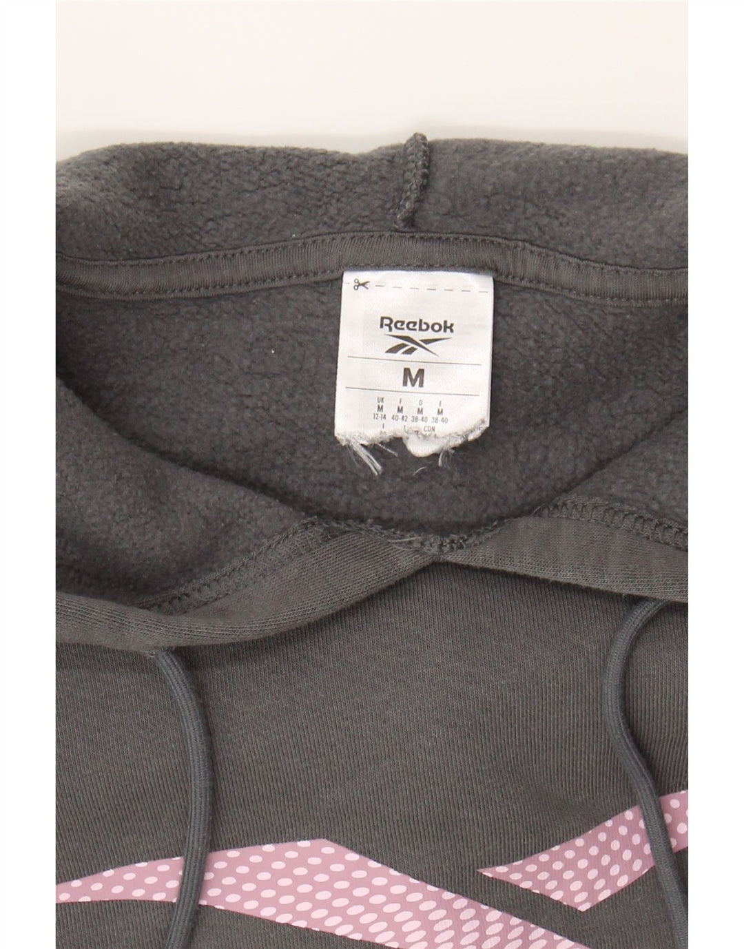 REEBOK Womens Graphic Hoodie Jumper UK 12/14 Medium Grey Cotton Vintage Reebok and Second-Hand Reebok from Messina Hembry 