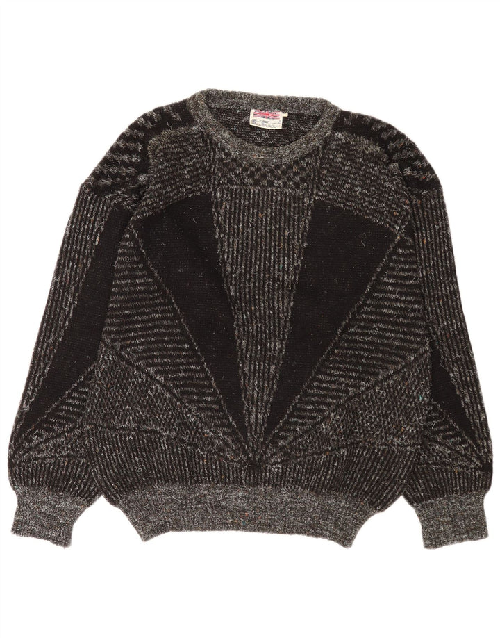 Suéter vintage masculino com gola canoa, lã geométrica cinza médio