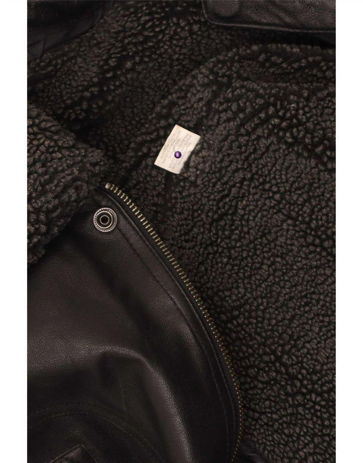Jaqueta bomber de couro falsa masculina vintage poliéster preto grande Reino Unido 40