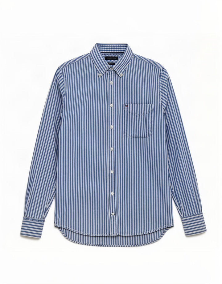 Camisa masculina Tommy Hilfiger de algodão listrado azul médio