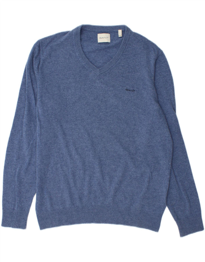 Suéter masculino Gant com decote em V grande lã azul