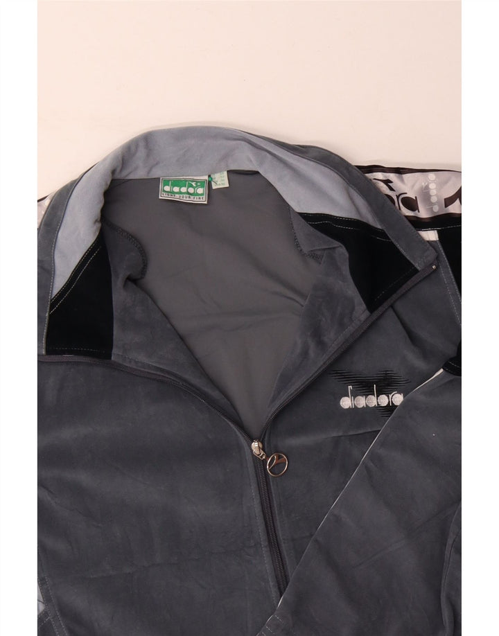 DIADORA Mens Graphic Velour Tracksuit Top Jacket UK 46 XL Cinza Colourblock