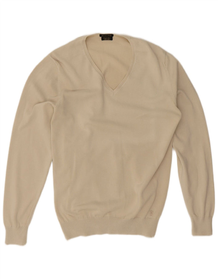 Suéter masculino Massimo Dutti com decote em V, algodão bege médio