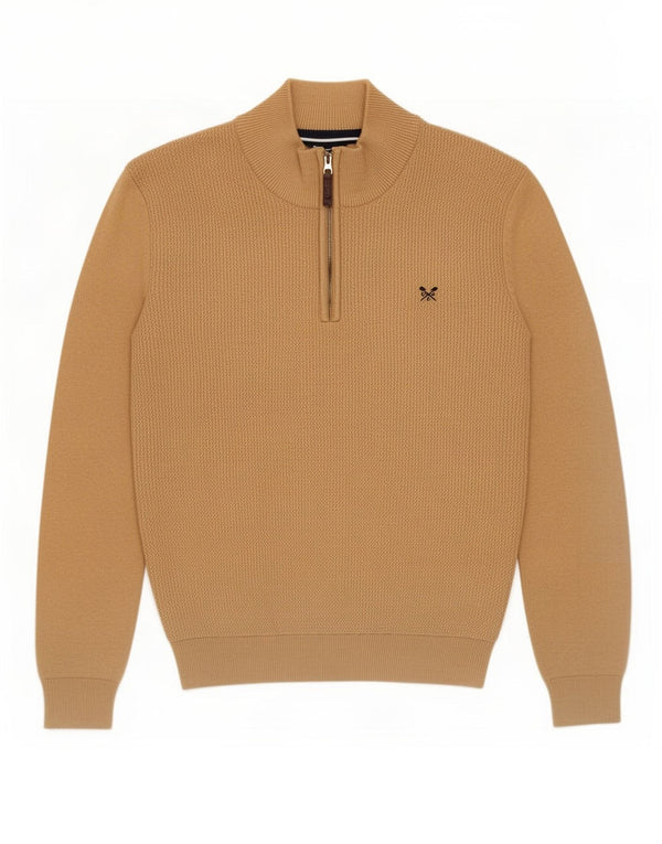 Crew Clothing Mens Suéter com decote em zíper grande algodão marrom