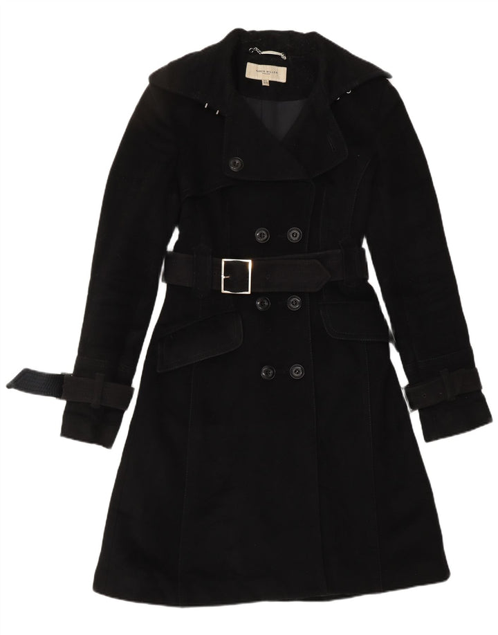 KAREN MILLEN Trench Coat feminino UK 8 pequeno lã preta