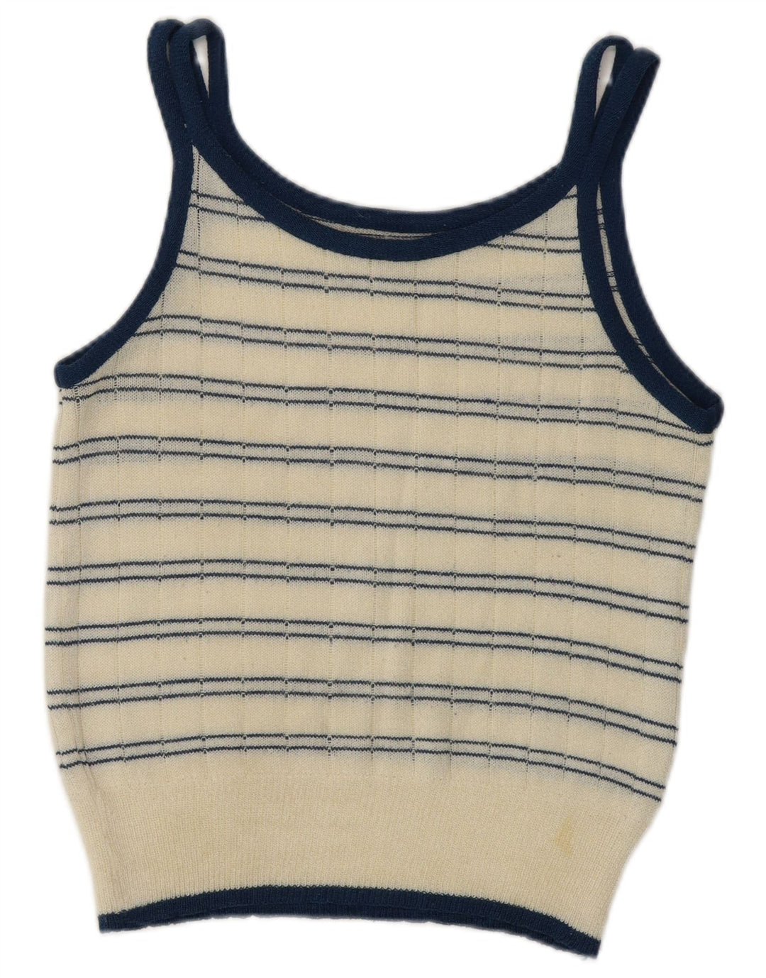 Top feminino vintage de malha cropped UK 10 pequeno listrado branco