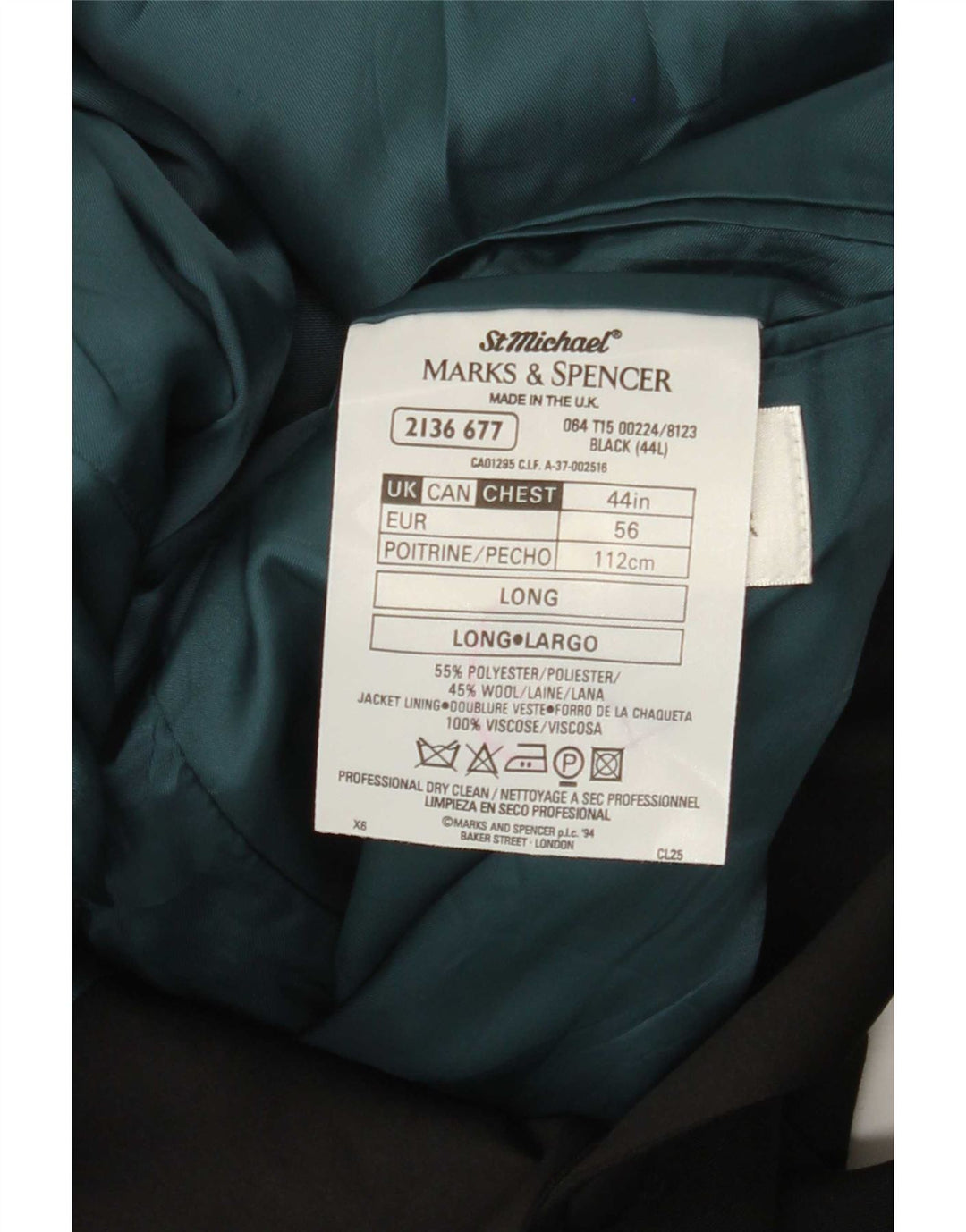 Jaqueta blazer masculina Marks & Spencer longa de 2 botões Reino Unido 44 XL preto poliéster