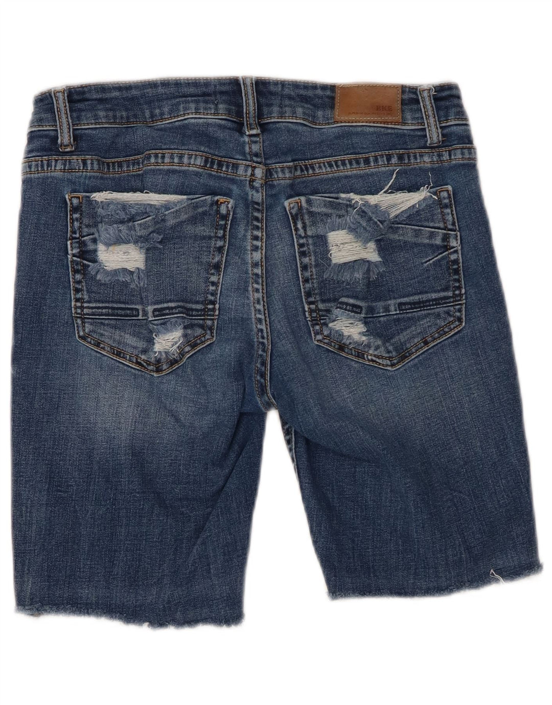Shorts jeans feminino BKE Stella cintura baixa envelhecido W28 algodão azul médio