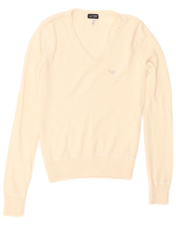 Suéter feminino Armani Jeans com decote em V UK 4 XS off white viscose