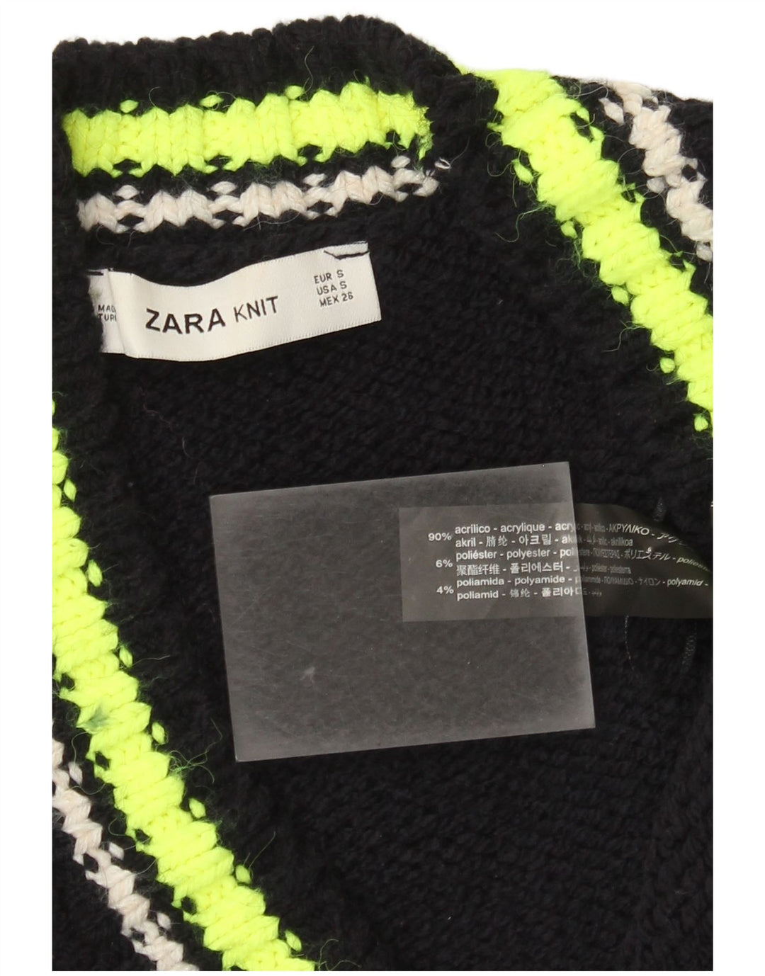 Suéter cardigã feminino grande da Zara UK 10 pequeno bloco colorido preto