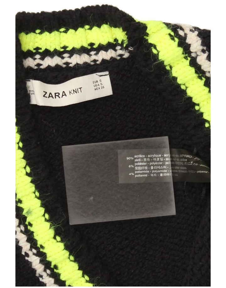 Suéter cardigã feminino grande da Zara UK 10 pequeno bloco colorido preto