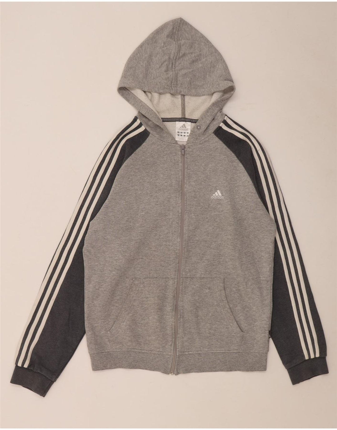 Suéter masculino Adidas com capuz e zíper cinza médio algodão manchado