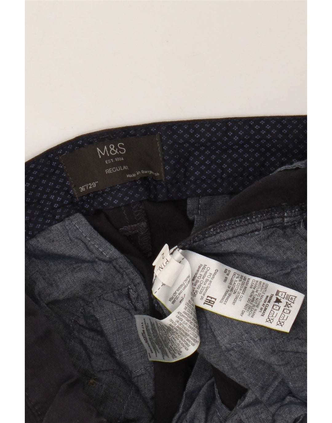 Calça chino masculina Marks & Spencer de ajuste regular W36 L29 algodão azul marinho