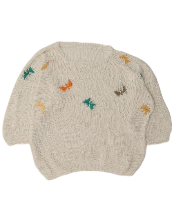 Suéter feminino vintage com gola canoa e gola redonda UK 18 XL borboleta branca