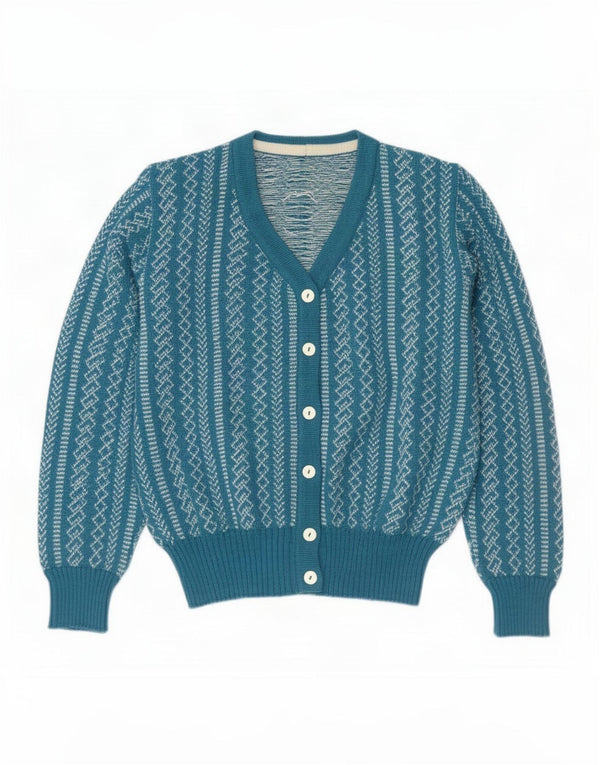 Suéter Cardigan Feminino Vintage Reino Unido 14 Médio Azul Geométrico