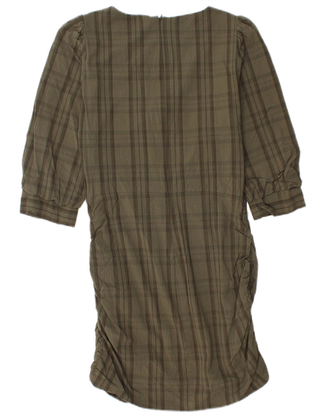 Vestido feminino Zara manga 3/4, Reino Unido 12, médio, cáqui, xadrez, viscose