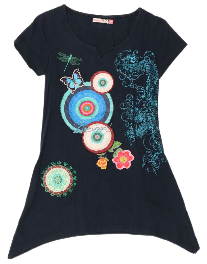 DESIGUAL Túnica feminina gráfica assimétrica top 13-14 anos azul marinho floral