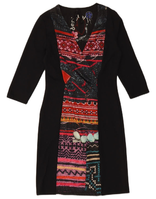 DESIGUAL Vestido feminino manga 3/4 com bainha UK 10 pequeno preto geométrico