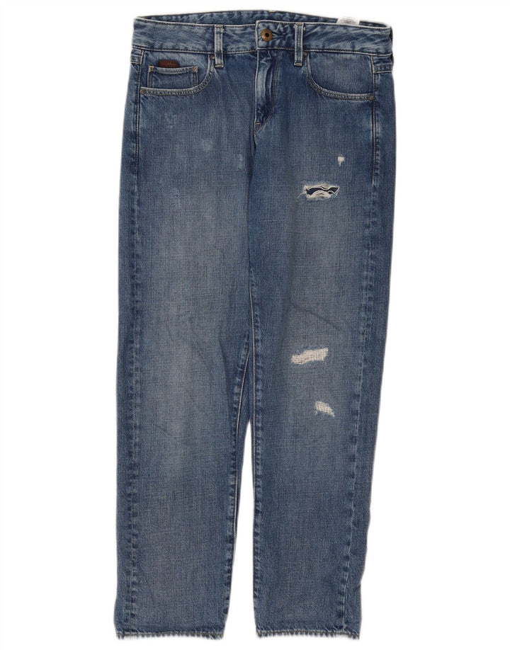Calça jeans reta feminina G-Star desgastada W24 L30 algodão azul