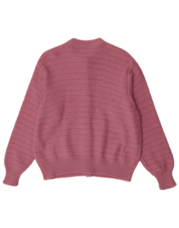 Suéter cardigã feminino vintage Reino Unido 14 listrado rosa médio