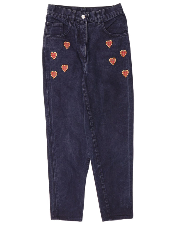 Jeans feminino vintage cintura alta cônico W26 L27 azul marinho coração manchado