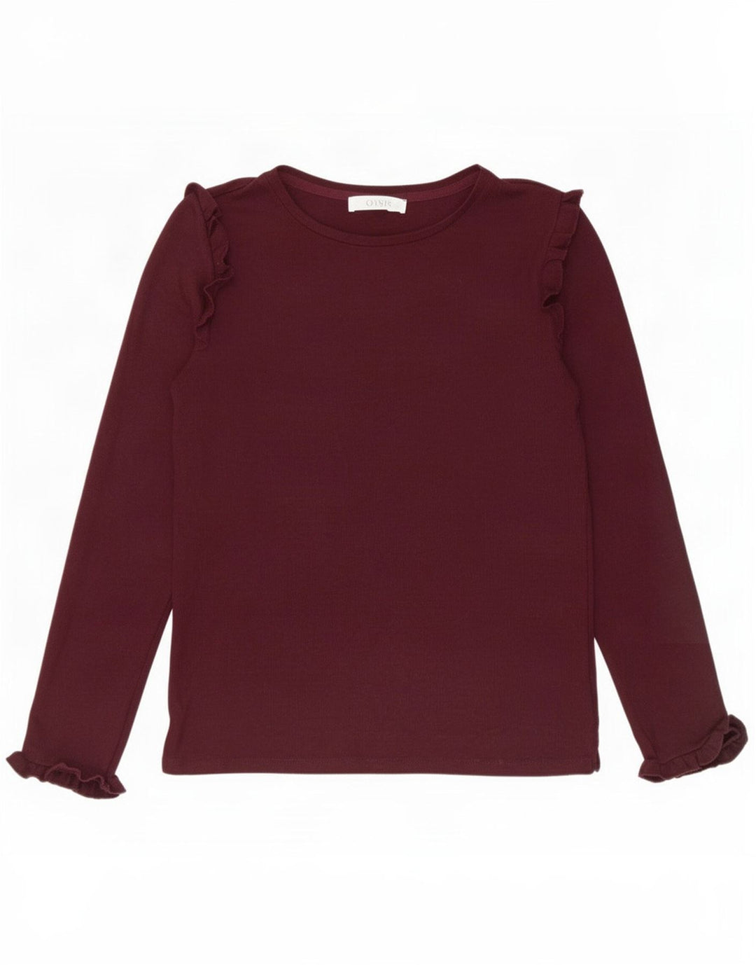 Top feminino Oasis com babados na frente e manga comprida Reino Unido 10 viscose pequena Borgonha