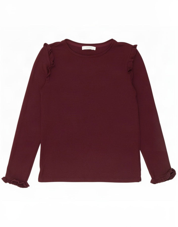 Top feminino Oasis com babados na frente e manga comprida Reino Unido 10 viscose pequena Borgonha