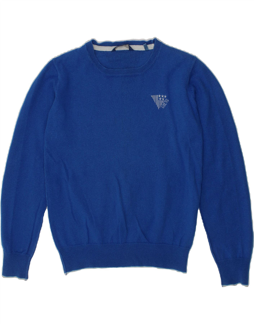 GUESS Boys Graphic Crew Neck Jumper Sweater 7-8 Years Blue Cotton Vintage Guess and Second-Hand Guess from Messina Hembry 