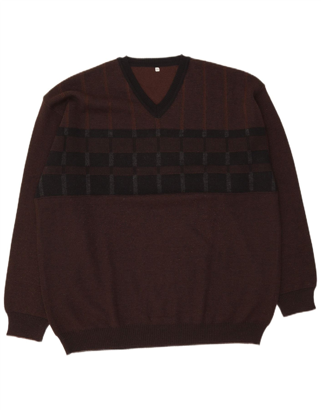 VINTAGE Mens V-Neck Jumper Sweater IT 56 2XL Brown Check Wool