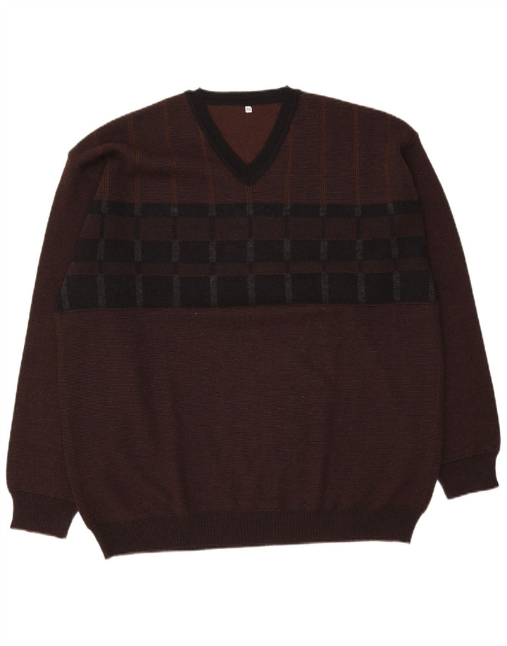 VINTAGE Mens V-Neck Jumper Sweater IT 56 2XL Brown Check Wool