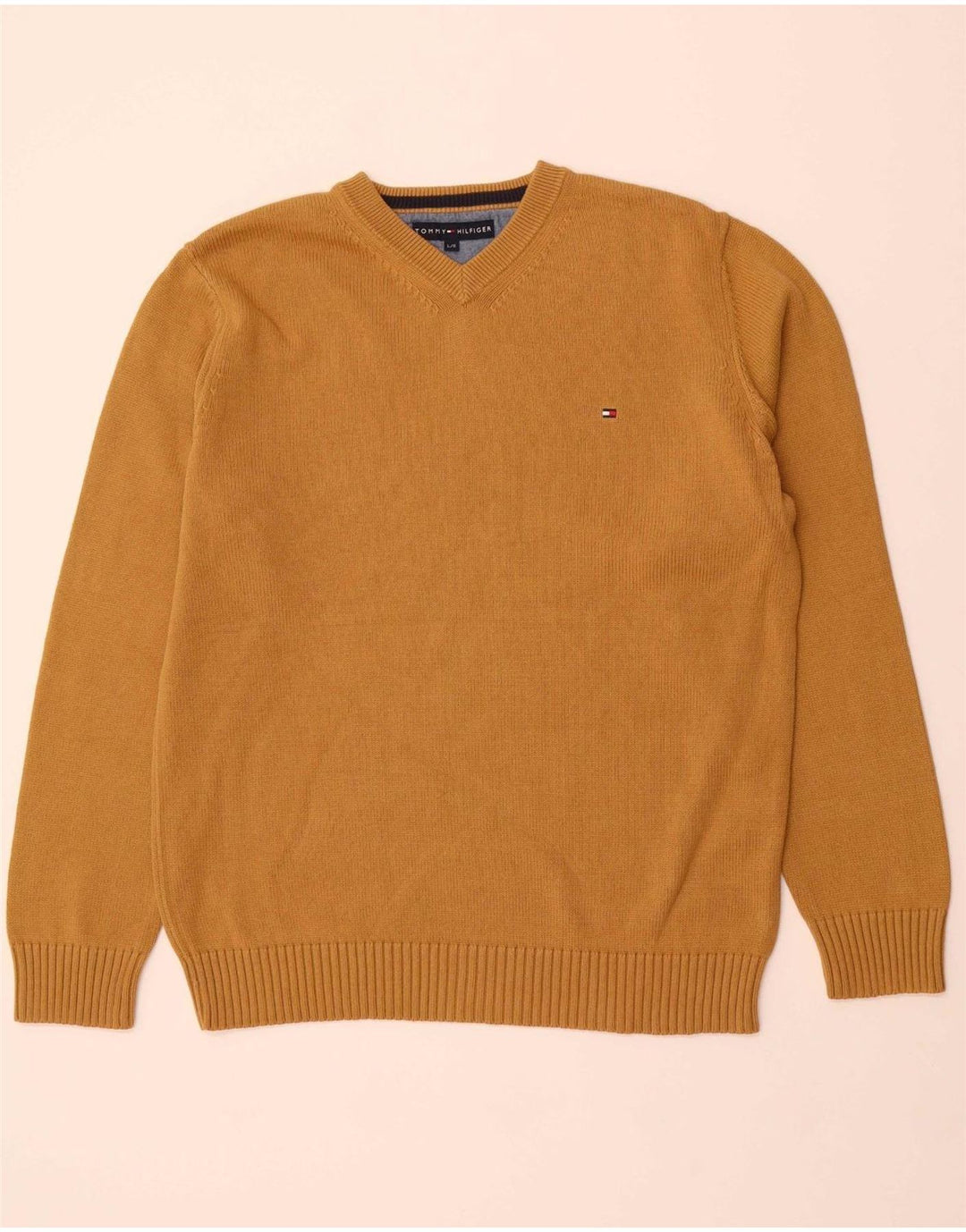 Suéter masculino TOMMY HILFIGER com decote em V grande algodão marrom