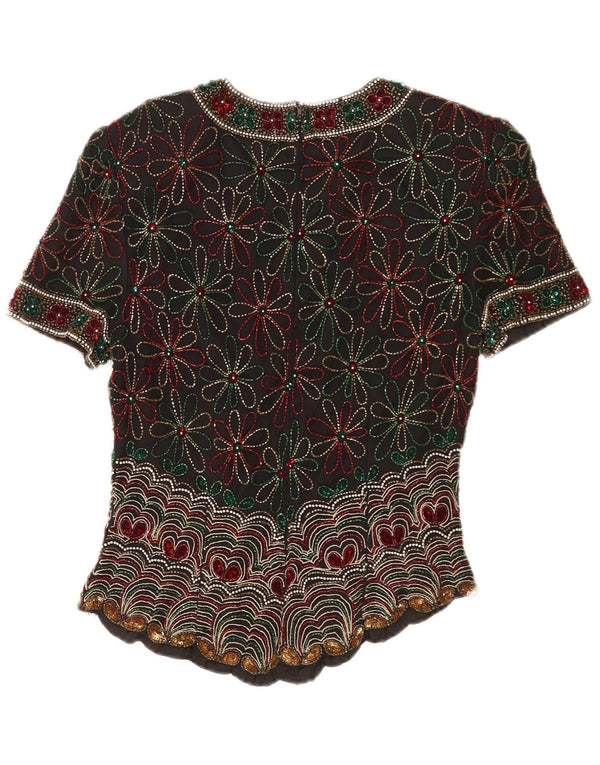 Blusa feminina Laurence Kozar Reino Unido 10 pequena seda floral preta