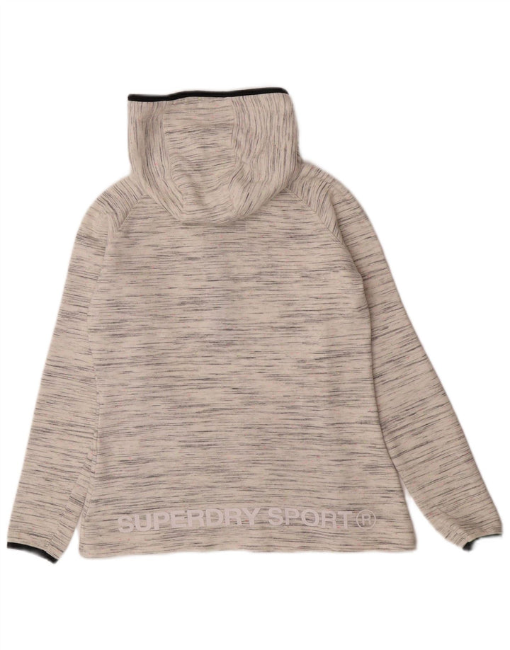 Suéter feminino Superdry com capuz e gola com zíper gráfico UK 14 médio branco manchado