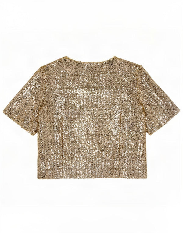 Blusa feminina vintage de lantejoulas UK 12 ouro médio