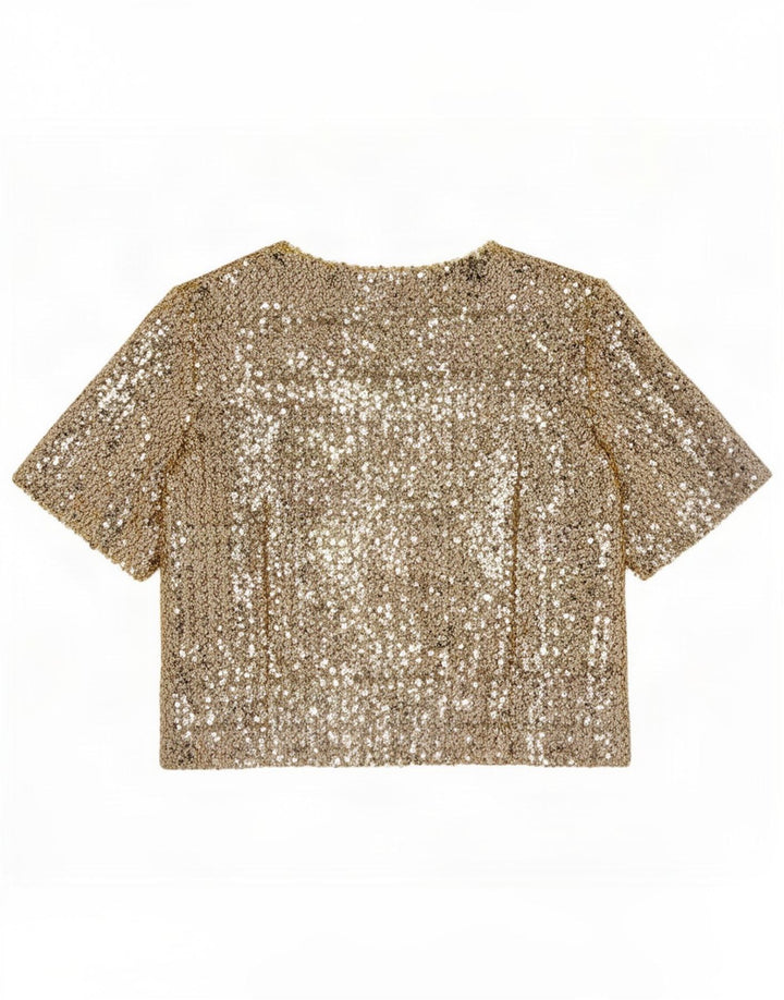 Blusa feminina vintage de lantejoulas UK 12 ouro médio