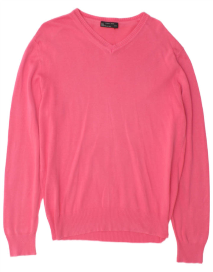 Zara Suéter masculino com gola V e algodão rosa médio