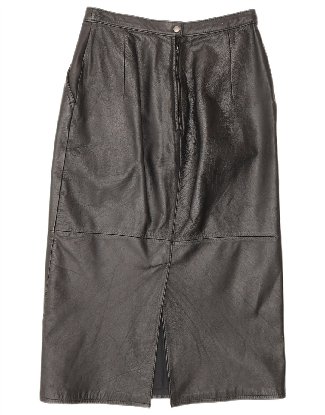 Saia feminina de couro VINTAGE Reino Unido 10 pequena W26 couro preto