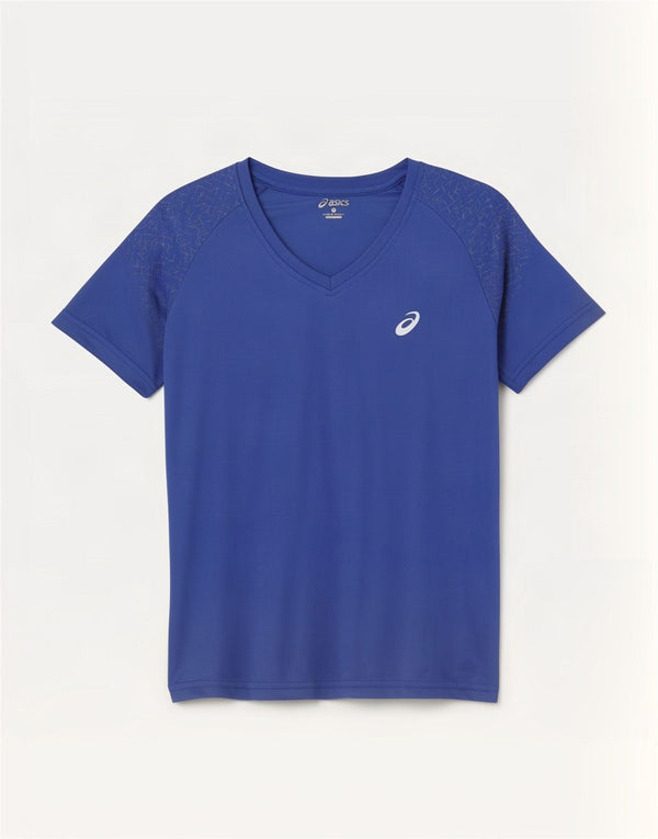 Camiseta feminina Asics UK 10 pequena azul geométrica poliéster