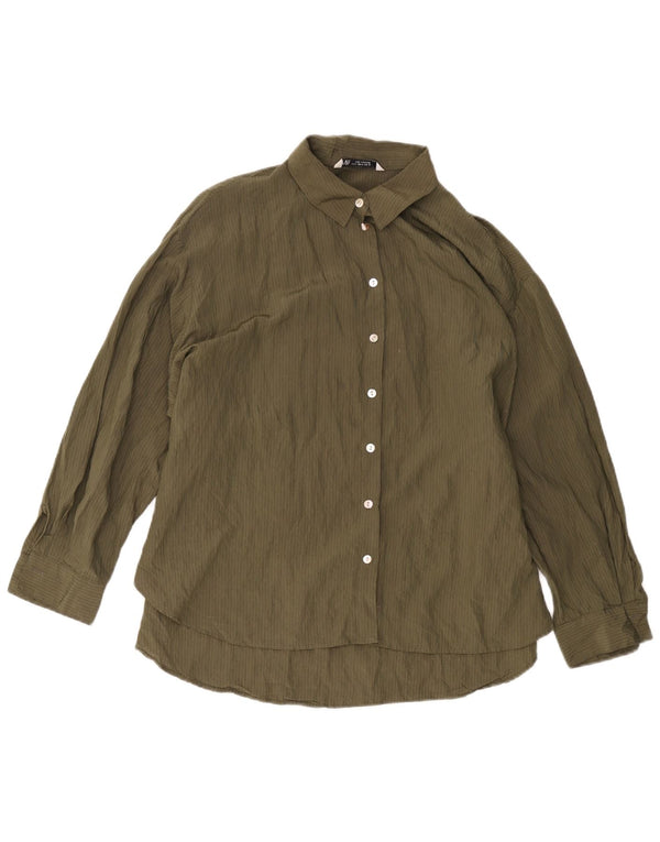 Camisa oversized feminina Zara Reino Unido 18 XL verde risca de giz viscose