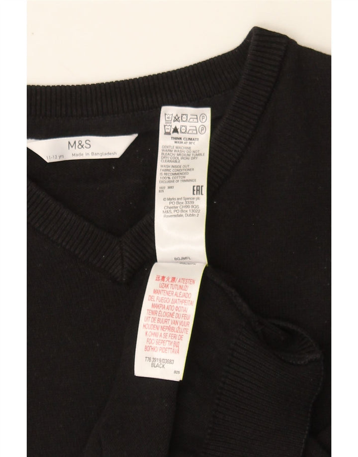 MARKS & SPENCER Girls V-Neck Jumper Sweater 11-12 Years Black Cotton Vintage Marks & Spencer and Second-Hand Marks & Spencer from Messina Hembry 